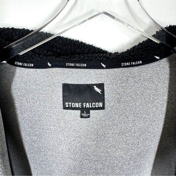 Stone Falcon Men’s Size Large Grey Black Full Zip Fleece Hoodie Jacket - Picture 6 of 10